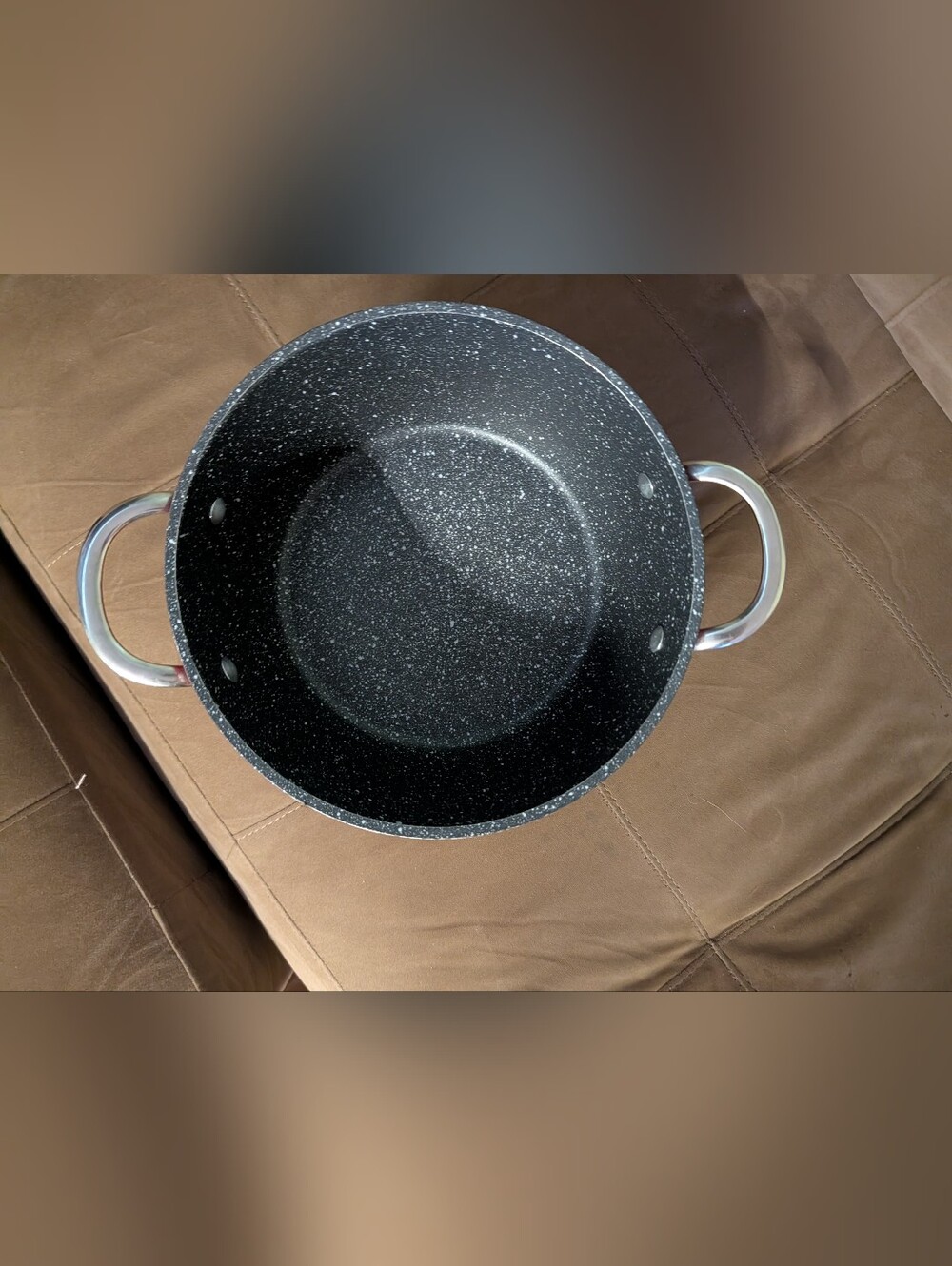 Red And Black Speckled Nonstick Stock Pot with Stainless Handles. No Lid
